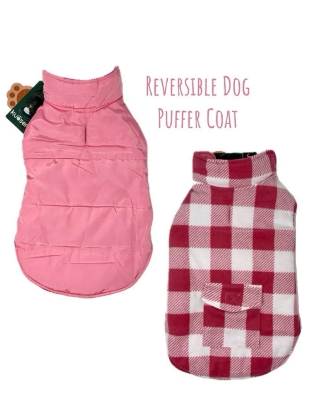Dog Puffer Coat Reversible Reflective Waterproof Jacket Medium Pink Plaid Kuoser
